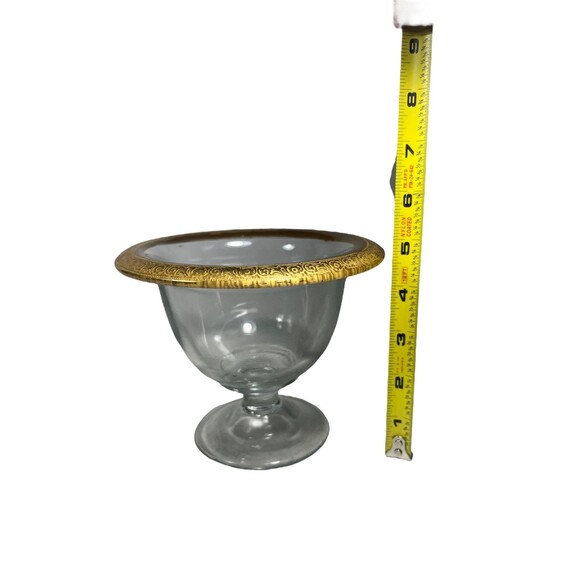 Vintage Glass Footed Candy Bowl Gold Encrusted Rim Paint Scroll Crystal Compote - Picture 6 of 11